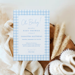 Blauw Gingham Boho Watercolor Jongens Baby Shower Kaart