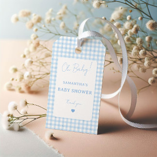 Blauw Gingham Boho Waterverf Jongens Baby Shower Cadeaulabel