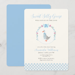 Blauw Gingham Bosland Domme Gans Baby Shower Kaart