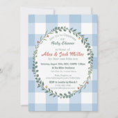 Blauw Gingham Botanische Krans Baby Shower (Voorkant)