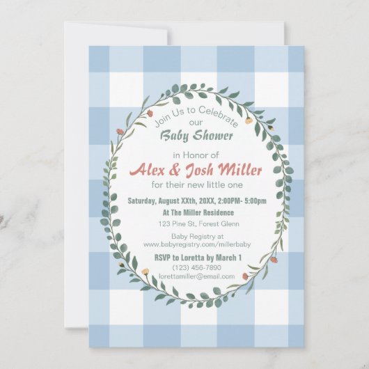 Blauw Gingham Botanische Krans Baby Shower (Voorkant)