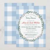 Blauw Gingham Botanische Krans Baby Shower (Voorkant / Achterkant)