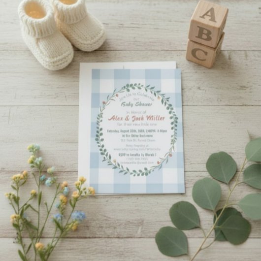 Blauw Gingham Botanische Krans Baby Shower