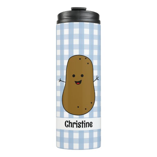 Blauw Gingham Bruine Aardappel Custom Thermobeker Thermosbeker (Voorkant)