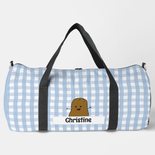 Blauw Gingham Bruine Aardappel Op Maat Plunjezak (Voorkant)