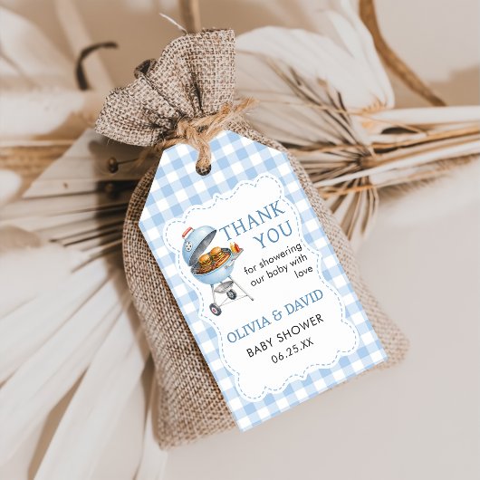 Blauw Gingham Burger BBQ Baby Shower Cadeautag Cadeaulabel