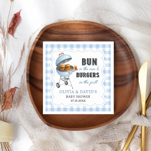 Blauw Gingham Burger BBQ Baby Shower Servetten