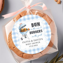 Blauw Gingham Burger BBQ Baby Shower Sticker 