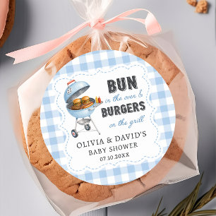 Blauw Gingham Burger BBQ Baby Shower Sticker 