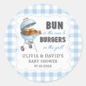 Blauw Gingham Burger BBQ Baby Shower Sticker  (Voorkant)
