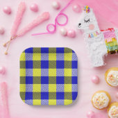 Blauw Gingham Check ontwerp Papieren Bordje (Feest)