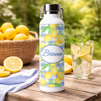 Blauw Gingham Citroen Naam Picknick Stijl Waterfles