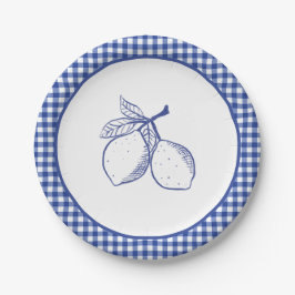 Blauw Gingham Citroen Zomer Feest Papier Papieren Bordje