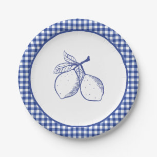 Blauw Gingham Citroen Zomer Feest Papier Papieren Bordje