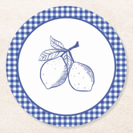 Blauw Gingham Citroen Zomerfeest Papier Ronde Kartonnen Onderzetter