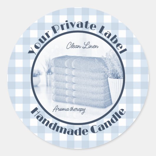 Blauw Gingham Clean Linen Handmade Candle Label (Voorkant)