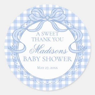 Blauw Gingham Coquette Strik Baby Borrelcadeau Ronde Sticker