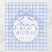 Blauw Gingham Coquette Strik Babyfeestje Wijn Etiket (Enkel label)