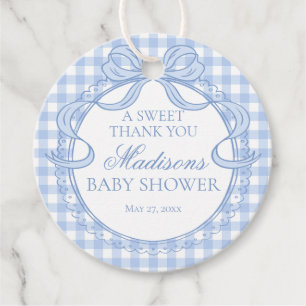 Blauw Gingham Coquette Strik Babyshower Cirkel Bedankjes Labels