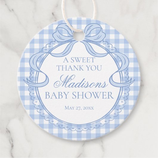 Blauw Gingham Coquette Strik Babyshower Cirkel Bedankjes Labels (Voorkant)