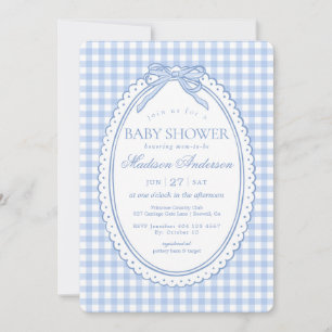 Blauw Gingham Coquette Strik Babyshower Kaart
