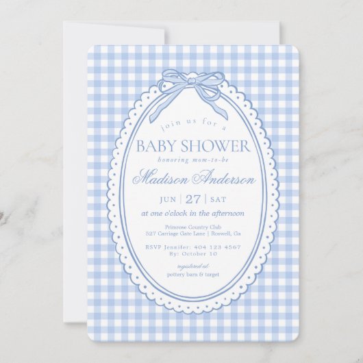Blauw Gingham Coquette Strik Babyshower Kaart (Voorkant)