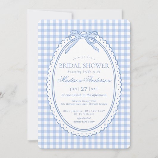 Blauw Gingham Coquette Strik Bruidsdouche Kaart (Voorkant)
