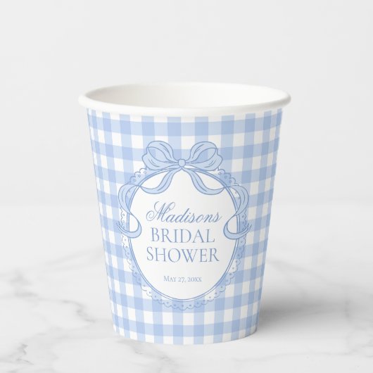 Blauw Gingham Coquette Strik Bruidsdouche Papieren Bekers (Voorkant)