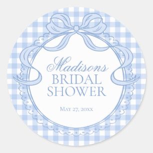 Blauw Gingham Coquette Strik Bruiloft Feestzegel Ronde Sticker