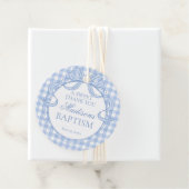 Blauw Gingham Coquette Strik Doop Cirkel Bedankjes Labels (In situ)