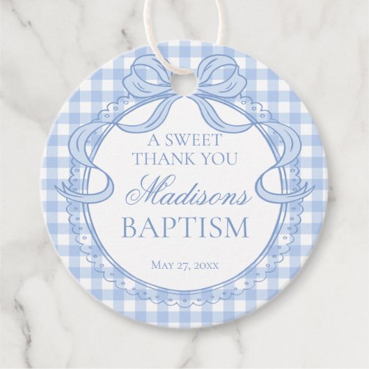 Blauw Gingham Coquette Strik Doop Cirkel Bedankjes Labels (Voorkant)