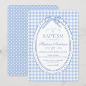 Blauw Gingham Coquette Strik Doopfeestje Kaart (Voorkant / Achterkant)