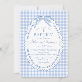 Blauw Gingham Coquette Strik Doopfeestje Kaart