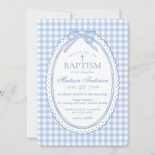 Blauw Gingham Coquette Strik Doopfeestje Kaart