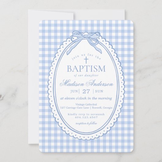 Blauw Gingham Coquette Strik Doopfeestje Kaart (Voorkant)