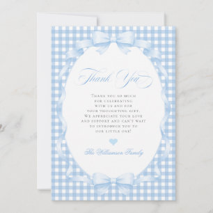 Blauw Gingham Coquette Strik Jongens Baby Shower Bedankkaart