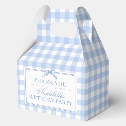 Blauw Gingham Coquette Strik Verjaardag Gevel Favo Bedankdoosjes (Voorkant)