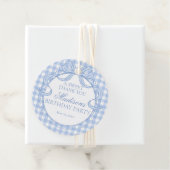Blauw Gingham Coquette Strik Verjaardagsfeest Cirk Bedankjes Labels (In situ)