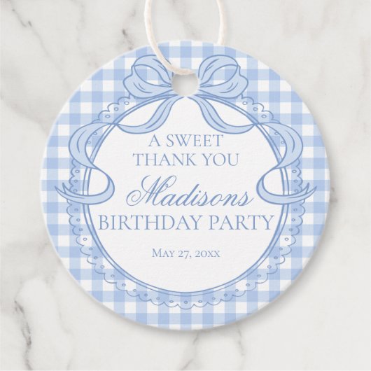 Blauw Gingham Coquette Strik Verjaardagsfeest Cirk Bedankjes Labels (Voorkant)