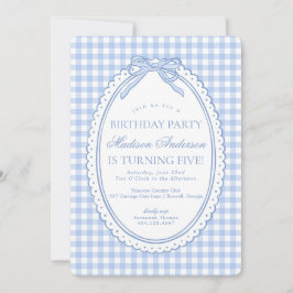 Blauw Gingham Coquette Strik Verjaardagsfeestje Kaart