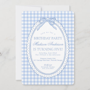 Blauw Gingham Coquette Strik Verjaardagsfeestje Kaart