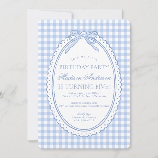 Blauw Gingham Coquette Strik Verjaardagsfeestje Kaart (Voorkant)