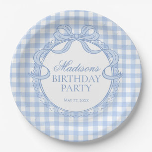 Blauw Gingham Coquette Strik Verjaardagsfeestje Papieren Bordje