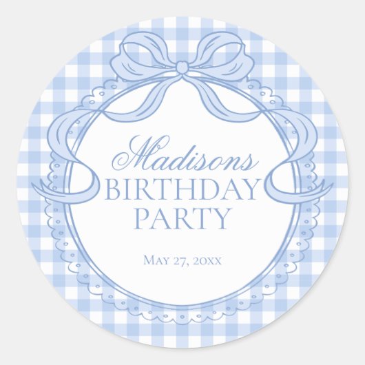 Blauw Gingham Coquette Strik Verjaardagszegel Ronde Sticker (Voorkant)