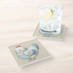 Blauw Gingham Cottage Kip Glazen Onderzetter