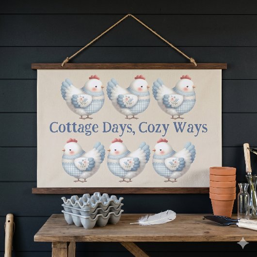 Blauw Gingham Cottage Kip  Hangend Wandkleed