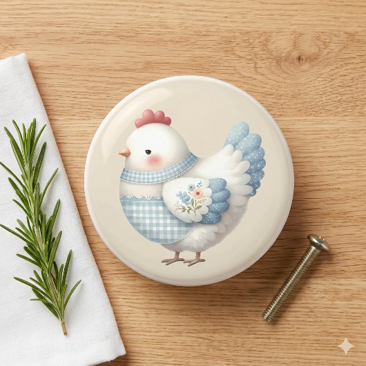 Blauw Gingham Cottage Kip Keramische Knop