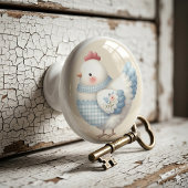 Blauw Gingham Cottage Kip Keramische Knop