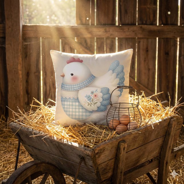 Blauw Gingham Cottage Kip Kussen (Blue Gingham Cottage Hen Throw Pillow Mockup C)