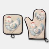 Blauw Gingham Cottage Kip Ovenwant & Pannenlap Set (Voorkant)